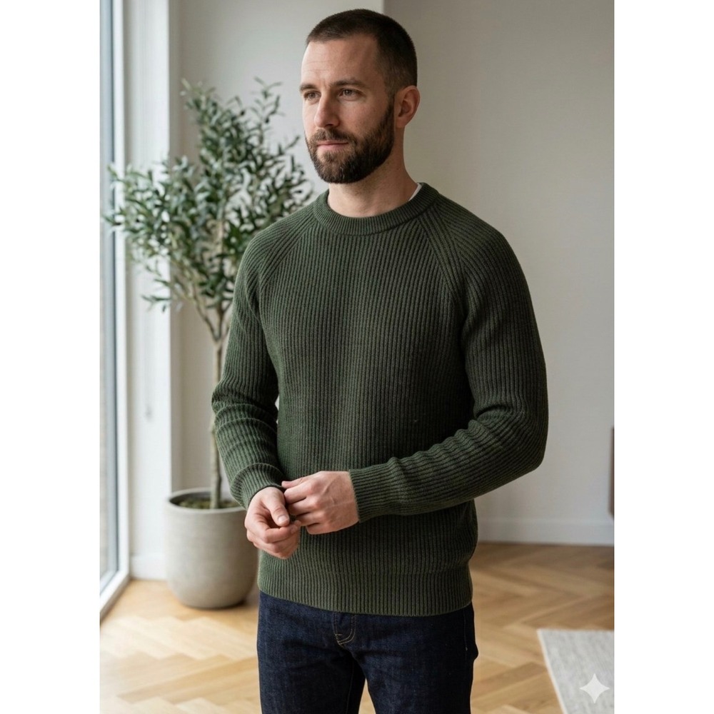 ASKET The Heavy Wool Sweater Dark Green Recycled Wool Ribbed Knit Mens L Long
